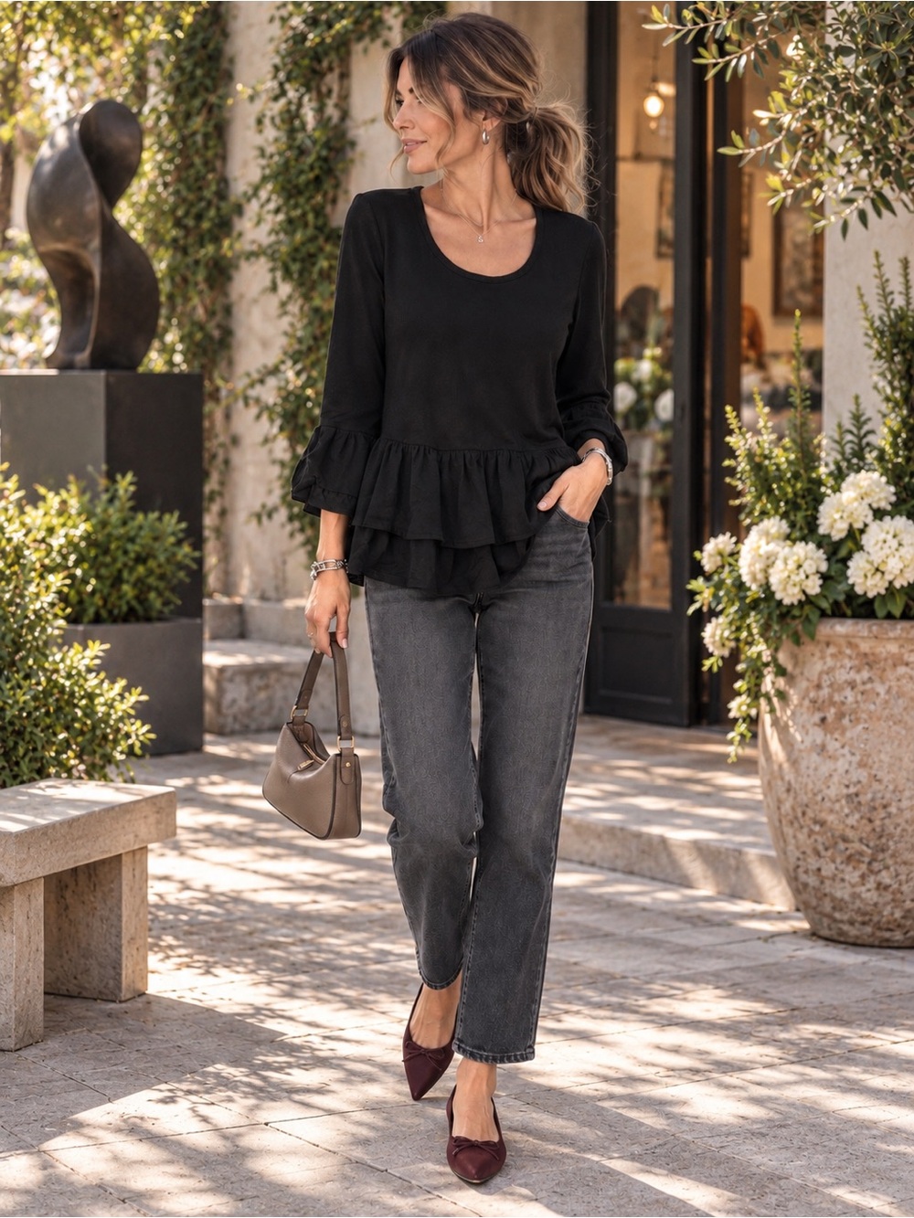 DIP Black 2 Tier Ruffle Peplum Top | Boho Romantic Scoop Neck | Basic Neutral